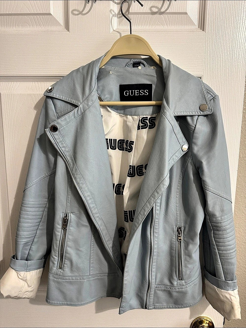 GUESS Faux Leather Moto Jacket in Blue Small